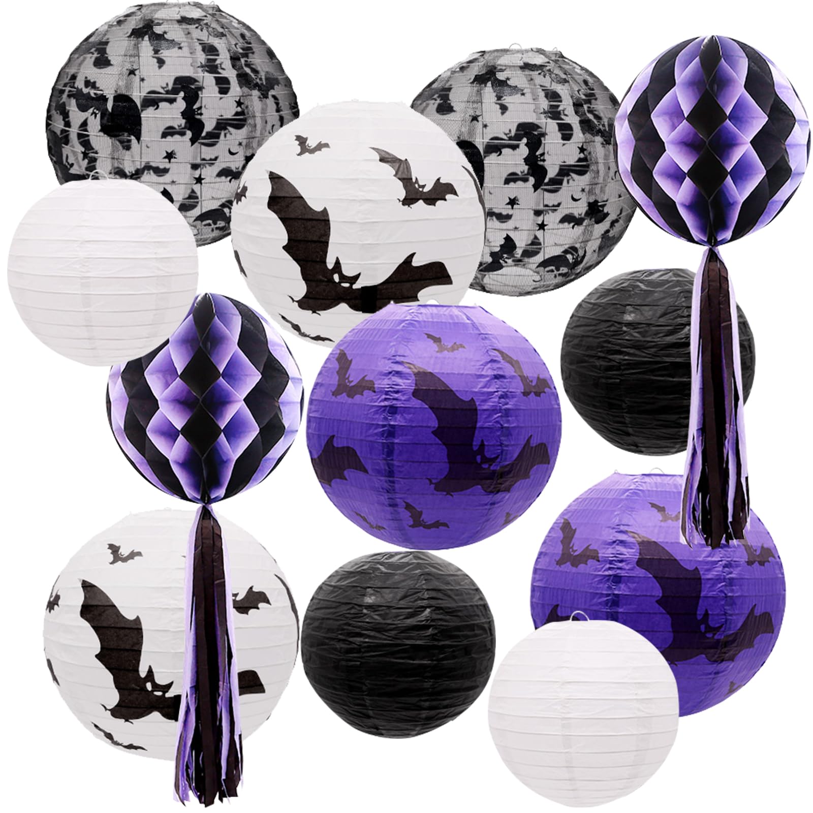 UNIQOOO 12Pcs Halloween Hanging Decorations Paper Lanterns, Jack-O'-Lantern Spider Skeleton Pumpkin for Indoor & Outdoor Spooky Home Decor, Party Supplies Props, 12" & 8" (Orange, Black)